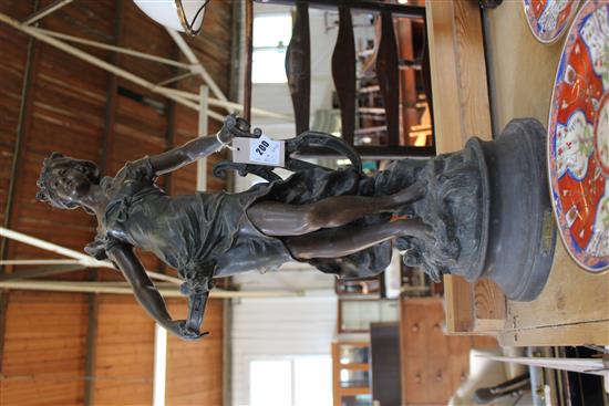 After L & F Moreau, a spelter figure of a maiden, Muse Poetique, on circular socle